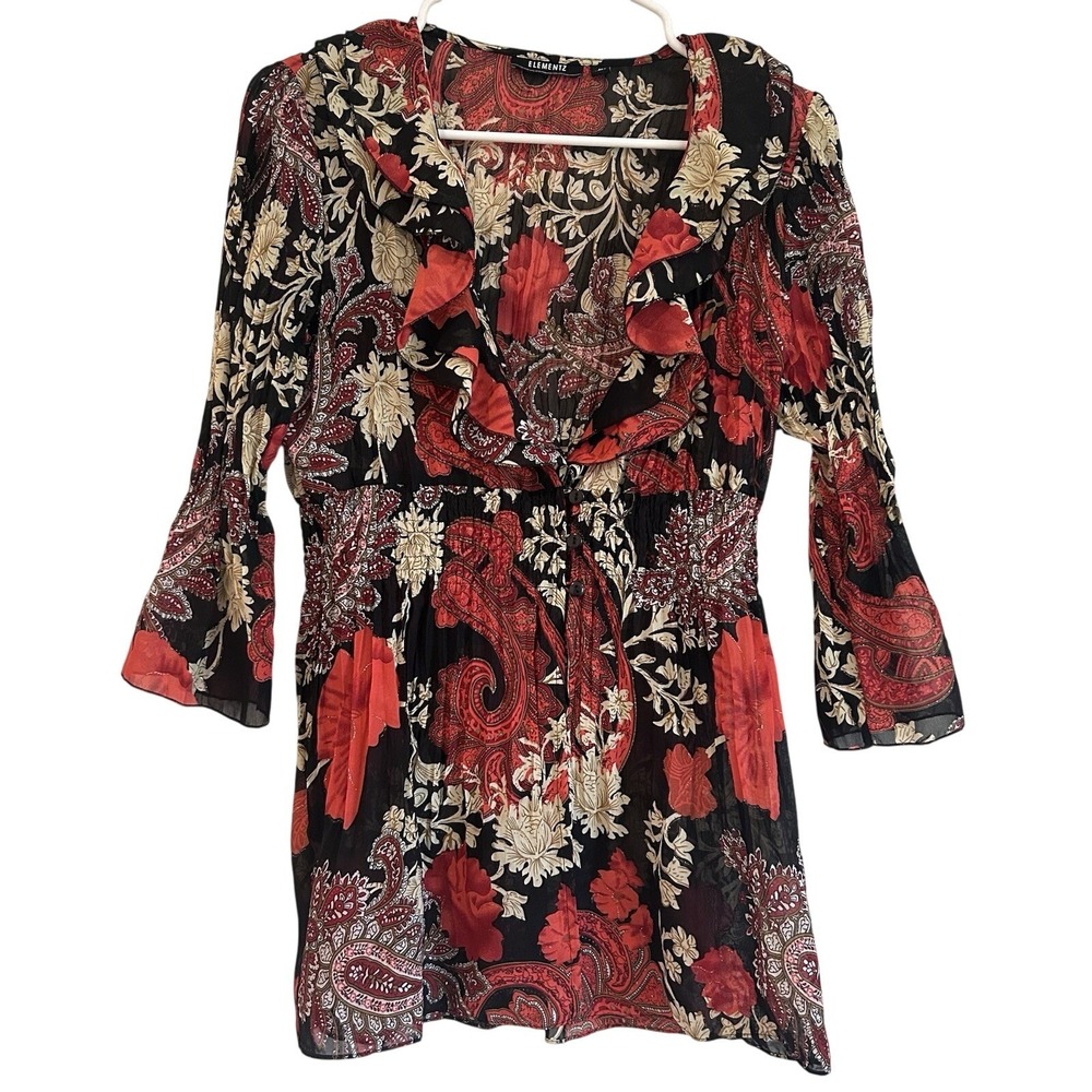Dark Floral Whimsigoth Blouse Red Sz M Bell Sleeve Sheer Crinkle Ruffle